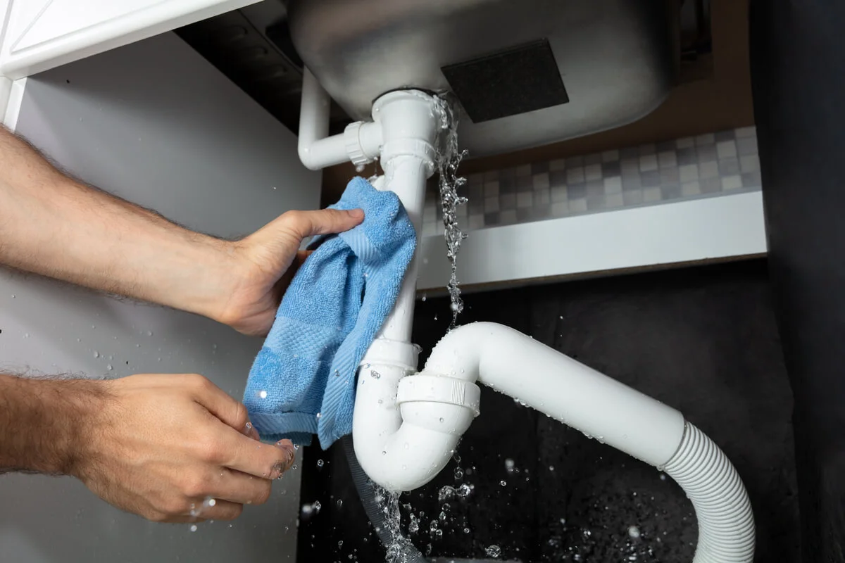 The Plumbing Services technician repairing leaking drain pipes under sink